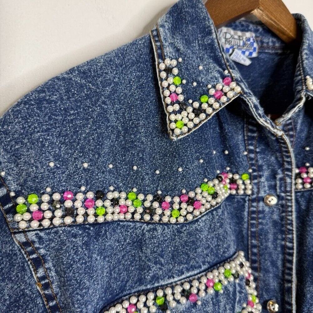 Pretty Bleu Vintage Denim Shirt Western Pearl Beaded Short Sleeve M Y2K 90s